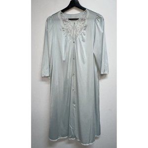 Vintage Shadowline Womens Nylon Button Up Robe House Coat Light Blue Lace Size S